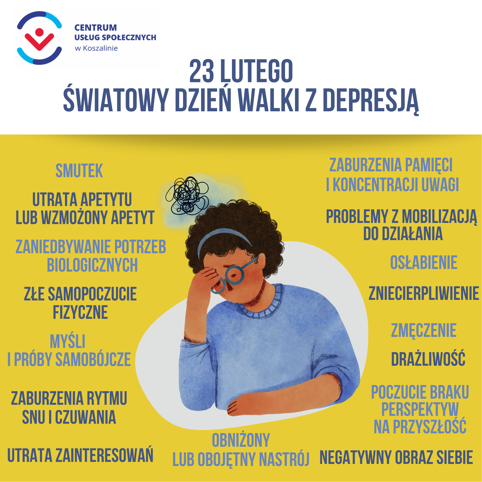 Grafika przedstawia wizerunek smutnej osoby i objawy depresji